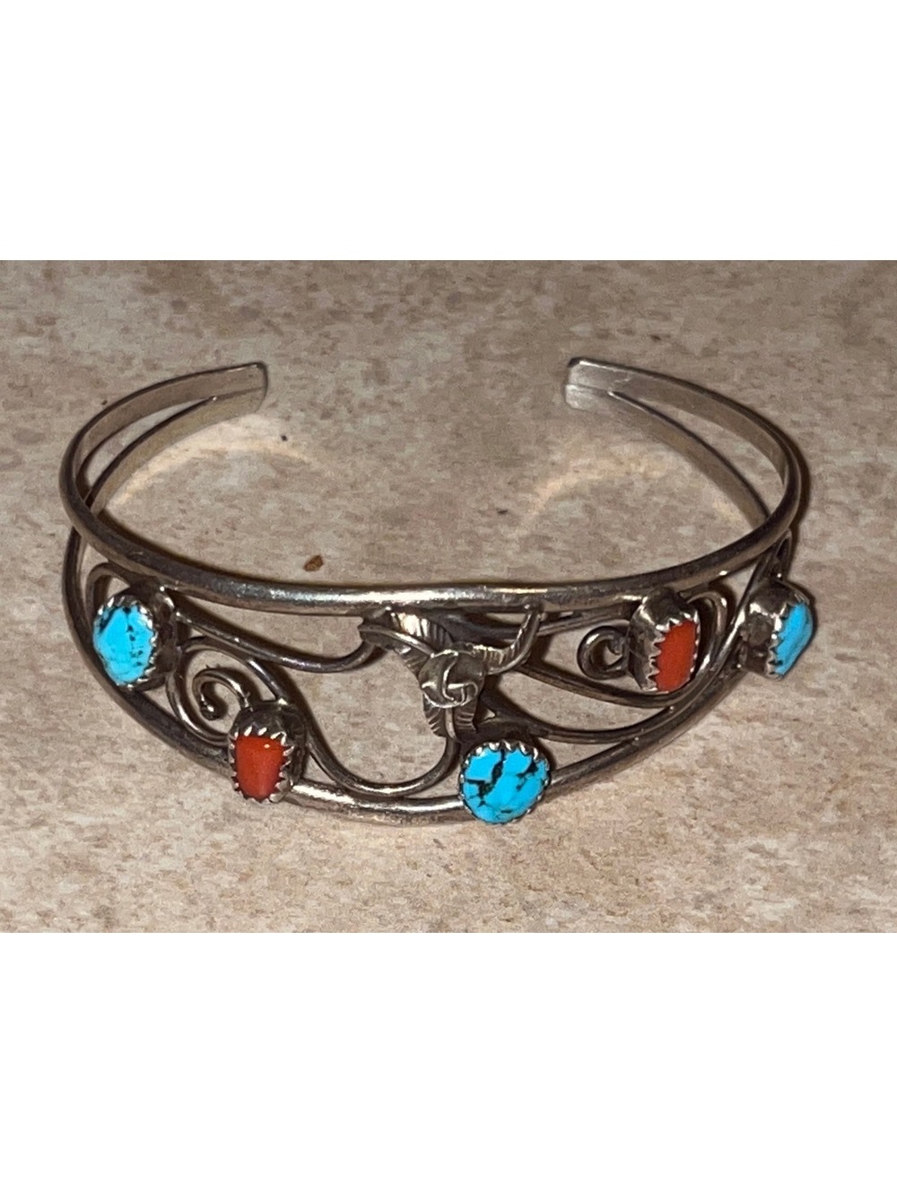 Navajo handmade sterling silver turquoise coral bracelet cluster